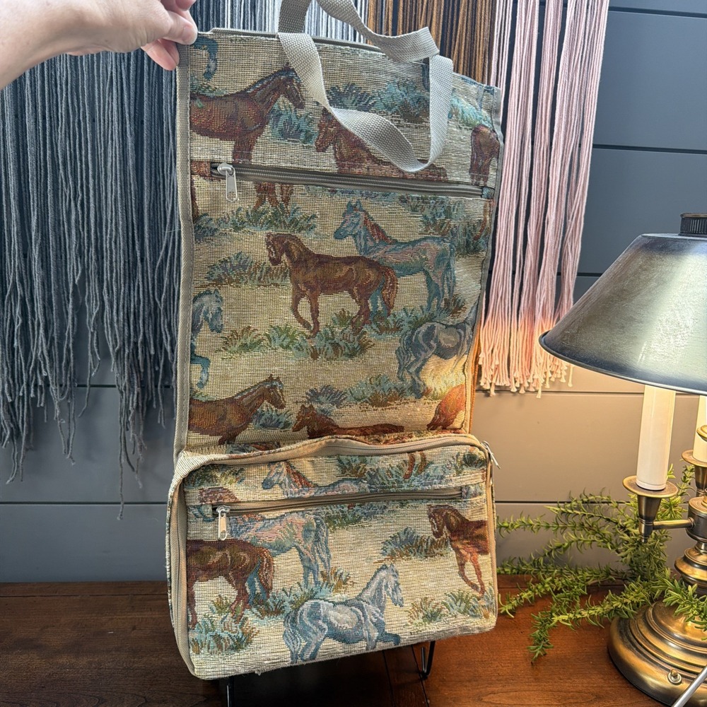 Horses Tapestry Luggage Shopping Rolling Bag W/ Wheels Collapsible Foldable EUC